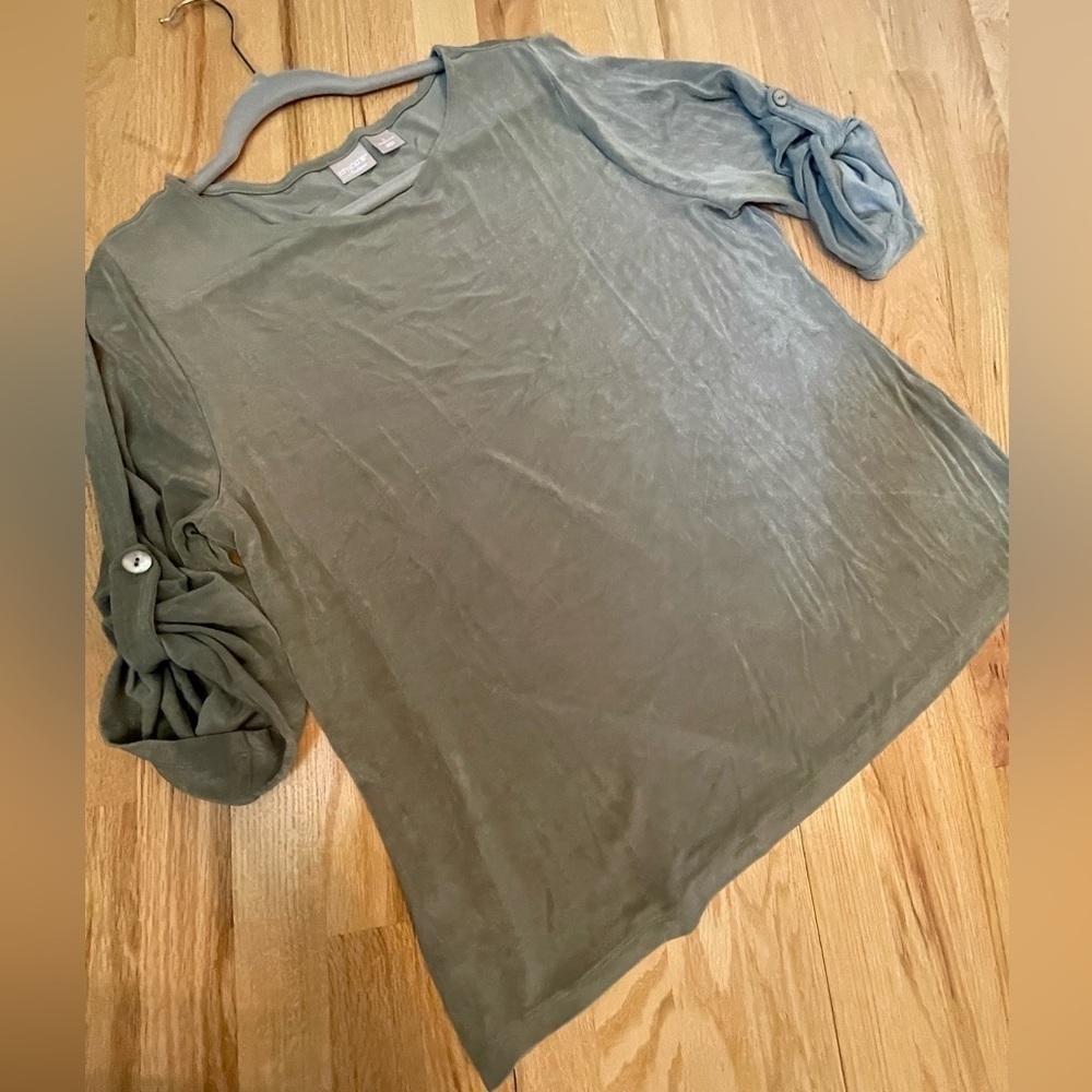 Chico’s Travlers Rolled Tab 3/4 Sleeve Olive Green Size 3 - US Size 16/18